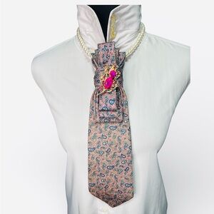 Chic Paisley Pink and Blue Necktie with Gold/Pink Flower Brooch